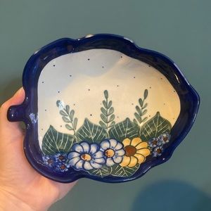 UNIKAT Polish Pottery Leaf Shaped Bowl 7" Floral Fruit Basket